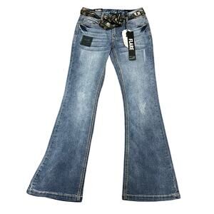 Rebel By Right flare Large Denim Blue jeans thrashed torn NWT Sz 9-10